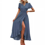 MARJORIE™ - Cozy Summer Wrap Ruffle Hem Split Maxi Dress - Eliza-Warszawa