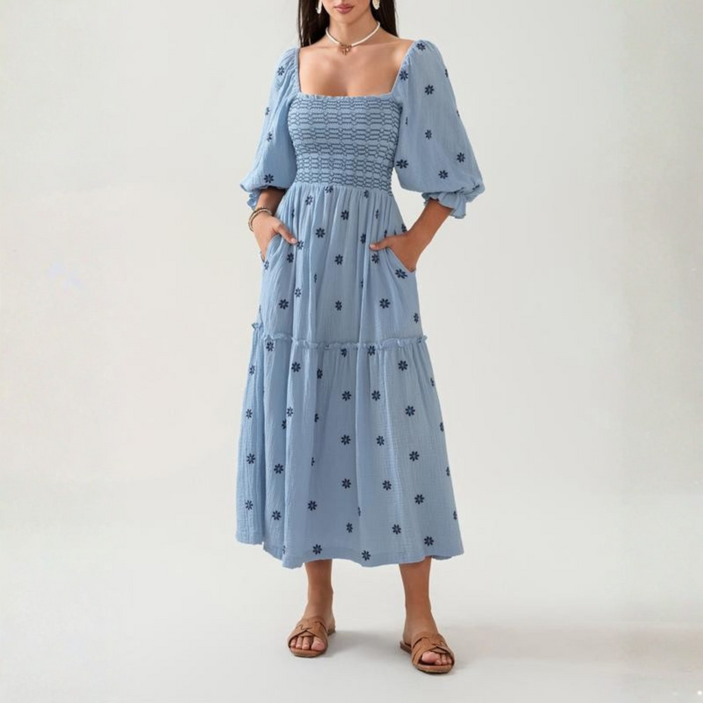 MOIRA™ - Comfy Floral Lantern Sleeve Square Neck Maxi Dress - Eliza-Warszawa