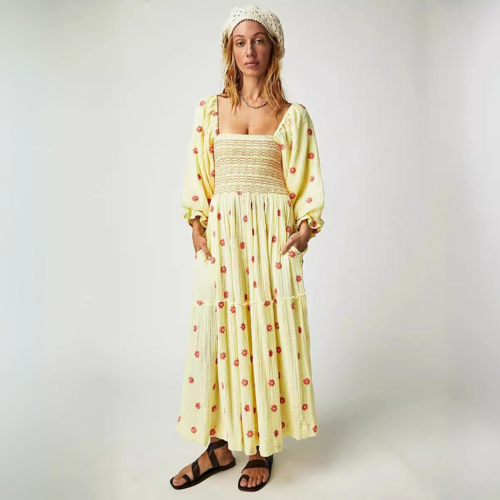 MOIRA™ - Comfy Floral Lantern Sleeve Square Neck Maxi Dress - Eliza-Warszawa