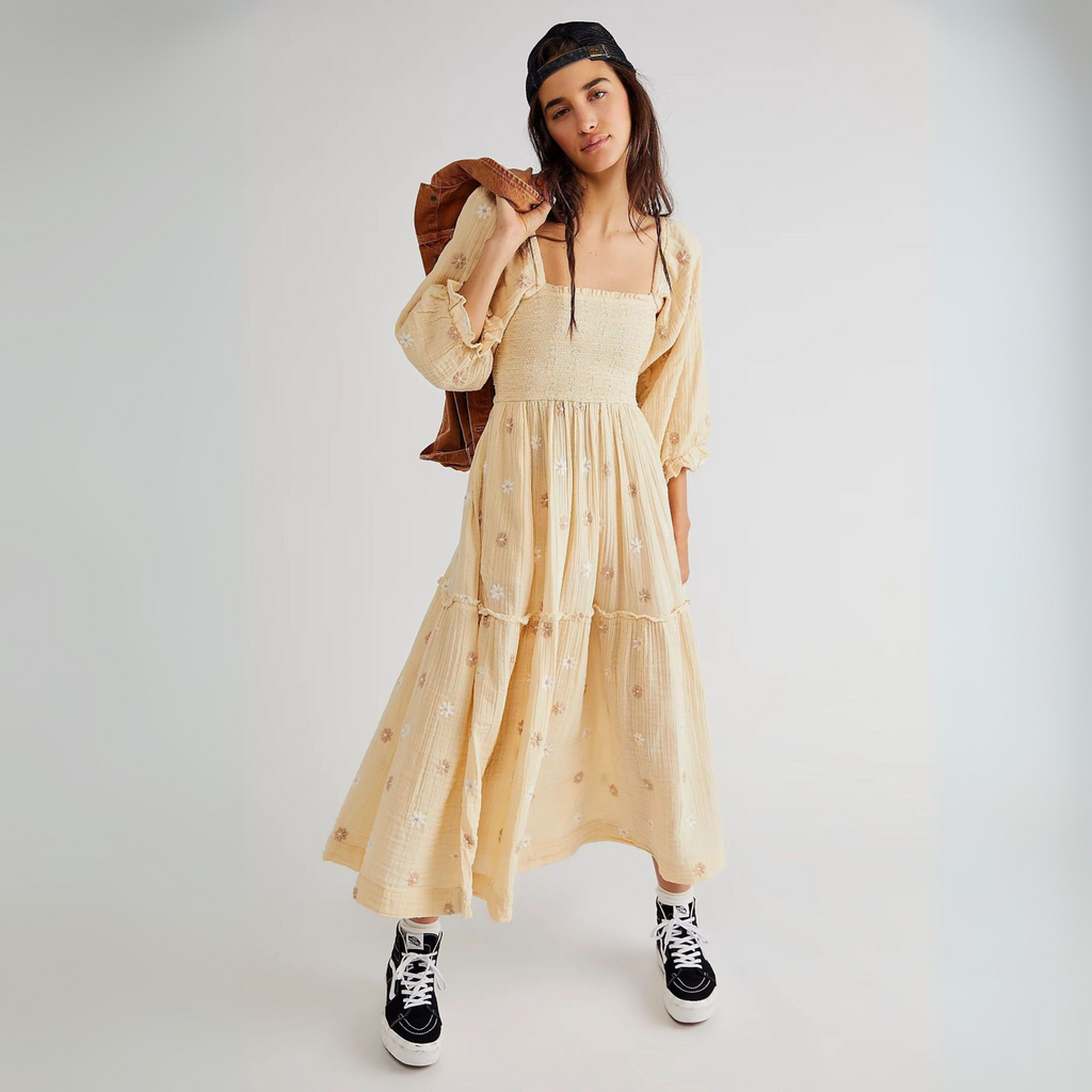 MOIRA™ - Comfy Floral Lantern Sleeve Square Neck Maxi Dress - Eliza-Warszawa