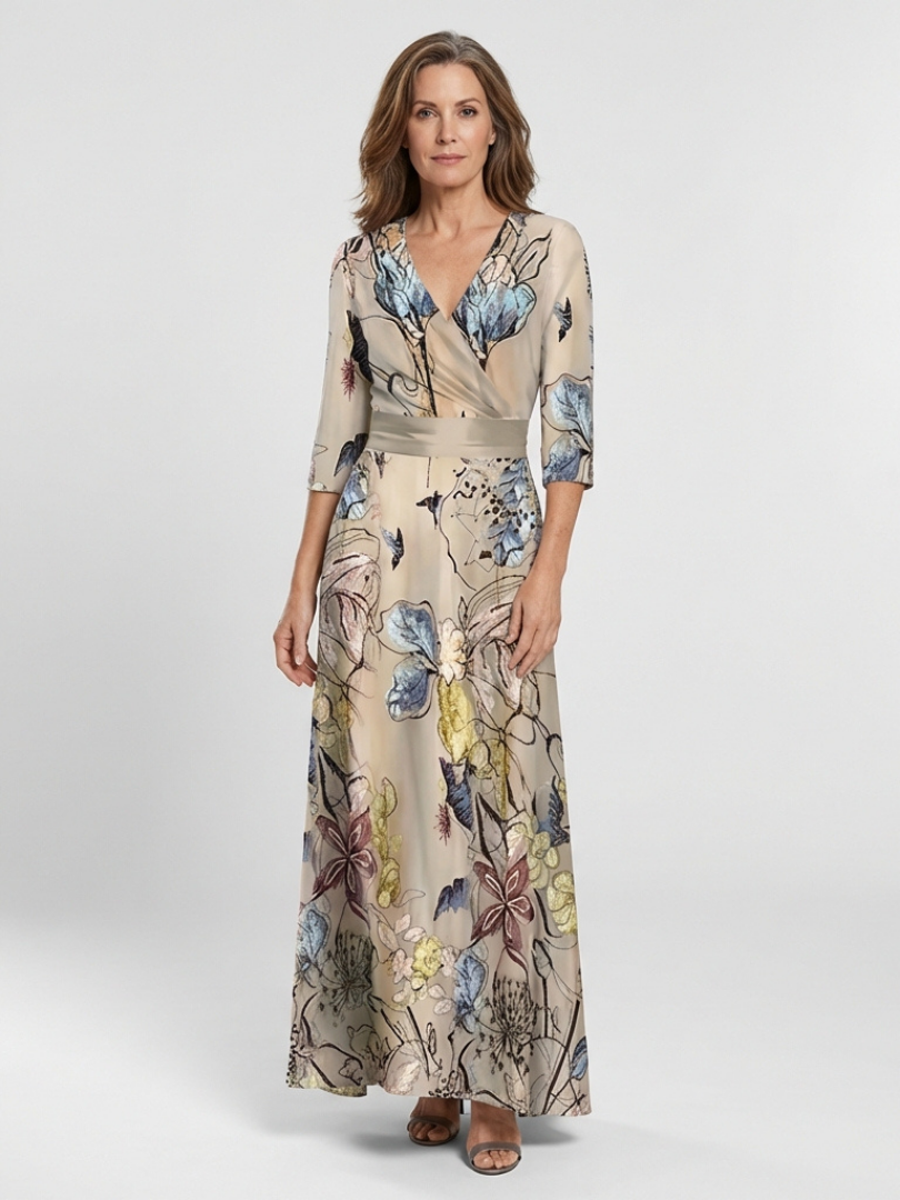 Margaret | Floral wrap maxi dress with three-quarter sleeves - Eliza-Warszawa