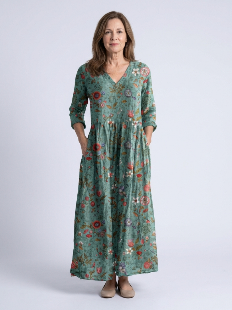 Marina | Floral Maxi Dress with V-Neck and 3/4 Sleeves - Eliza-Warszawa