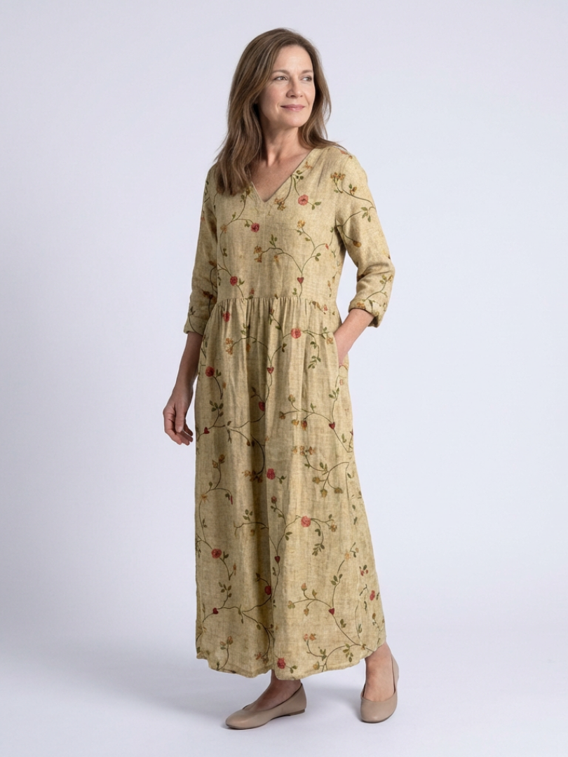 Marina | Floral Maxi Dress with V-Neck and 3/4 Sleeves - Eliza-Warszawa