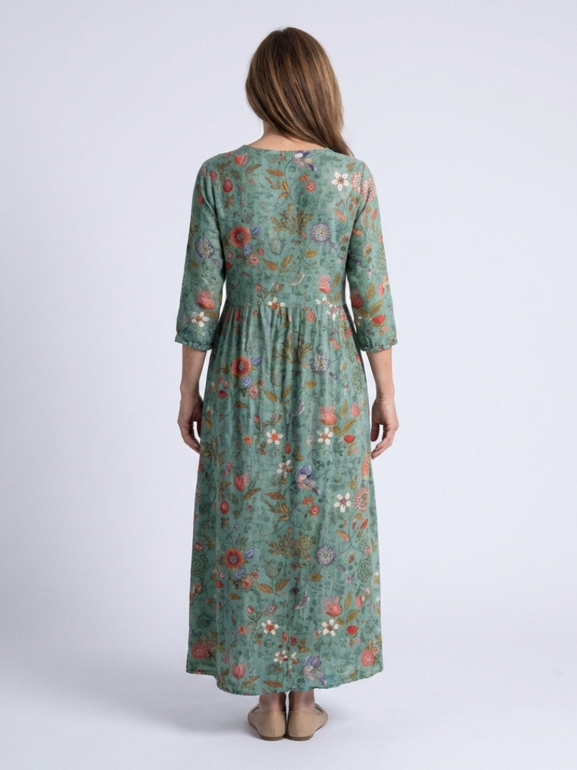 Marina | Floral Maxi Dress with V-Neck and 3/4 Sleeves - Eliza-Warszawa