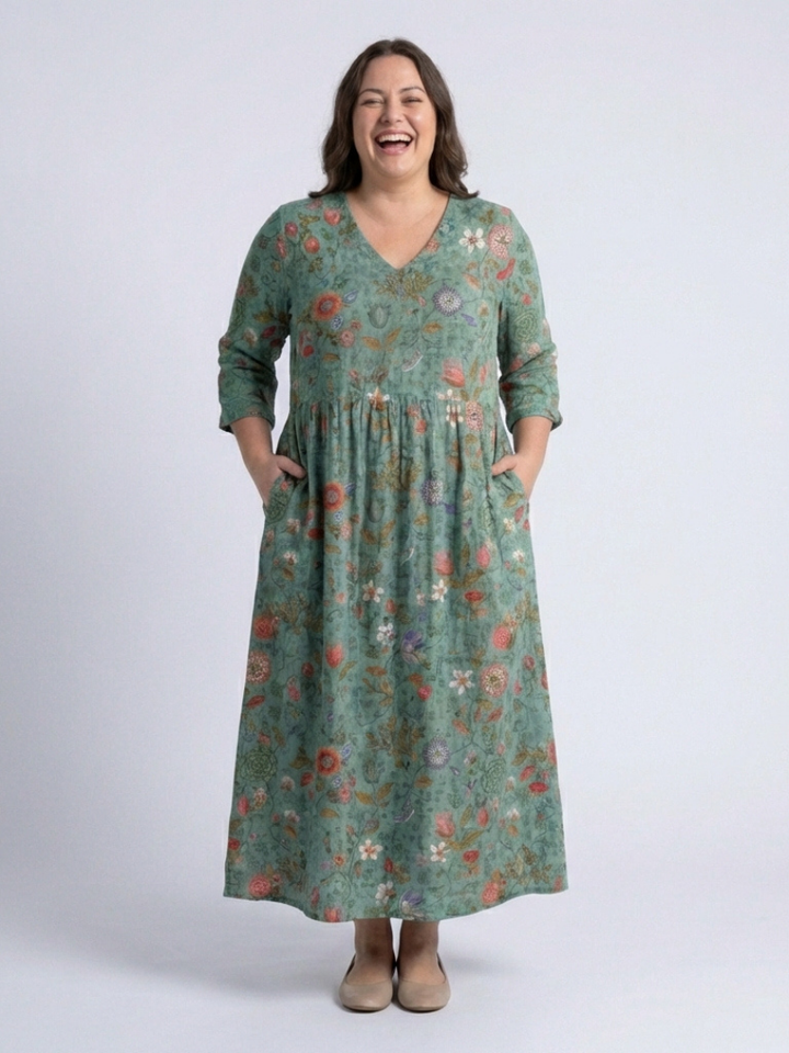 Marina | Floral Maxi Dress with V-Neck and 3/4 Sleeves - Eliza-Warszawa