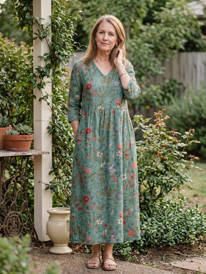 Marina | Floral Maxi Dress with V-Neck and 3/4 Sleeves - Eliza-Warszawa
