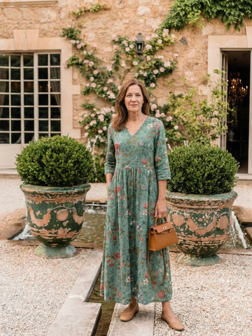 Marina | Floral Maxi Dress with V-Neck and 3/4 Sleeves - Eliza-Warszawa