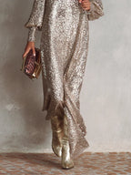 Minimalist Loose Shimmering V-neck Maxi Party Dress - Eliza-Warszawa