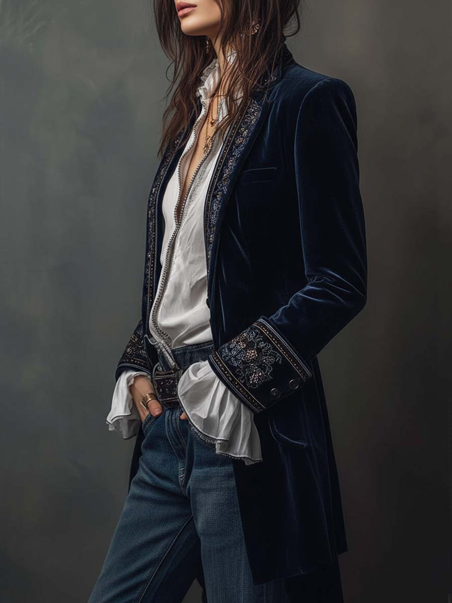 Navi Velvet Jacket | Floral Embroidery, Tailored Fit