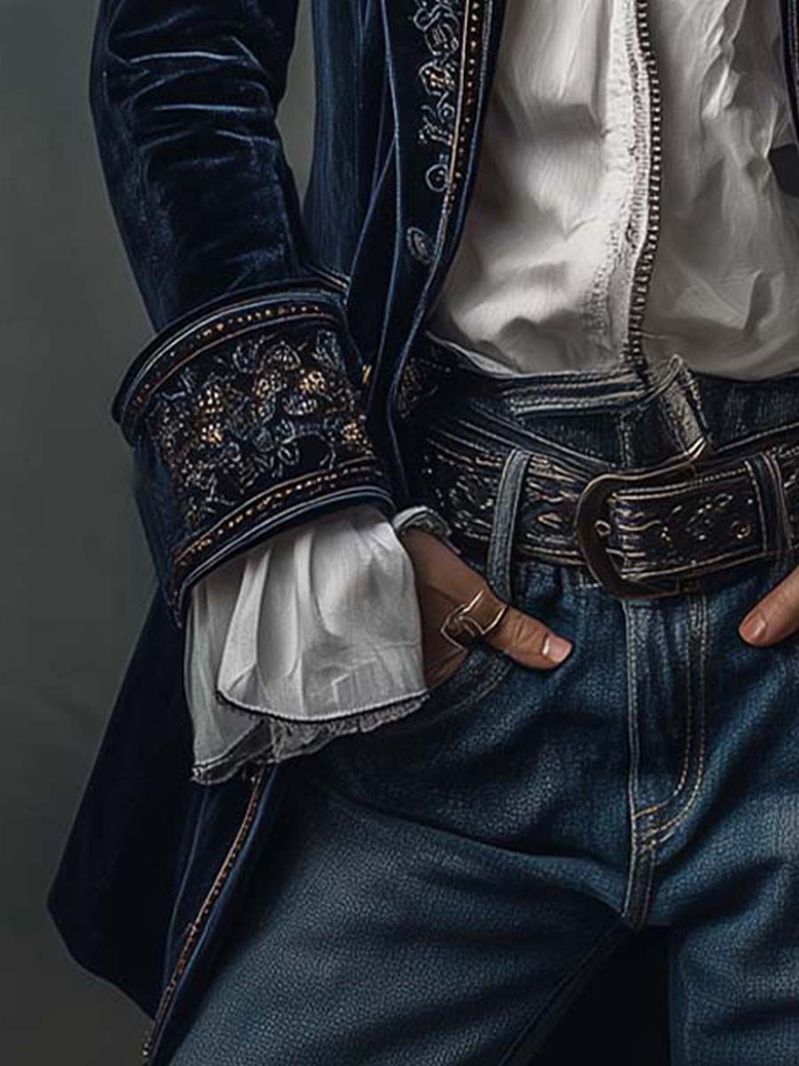 Navi Velvet Jacket | Floral Embroidery, Tailored Fit