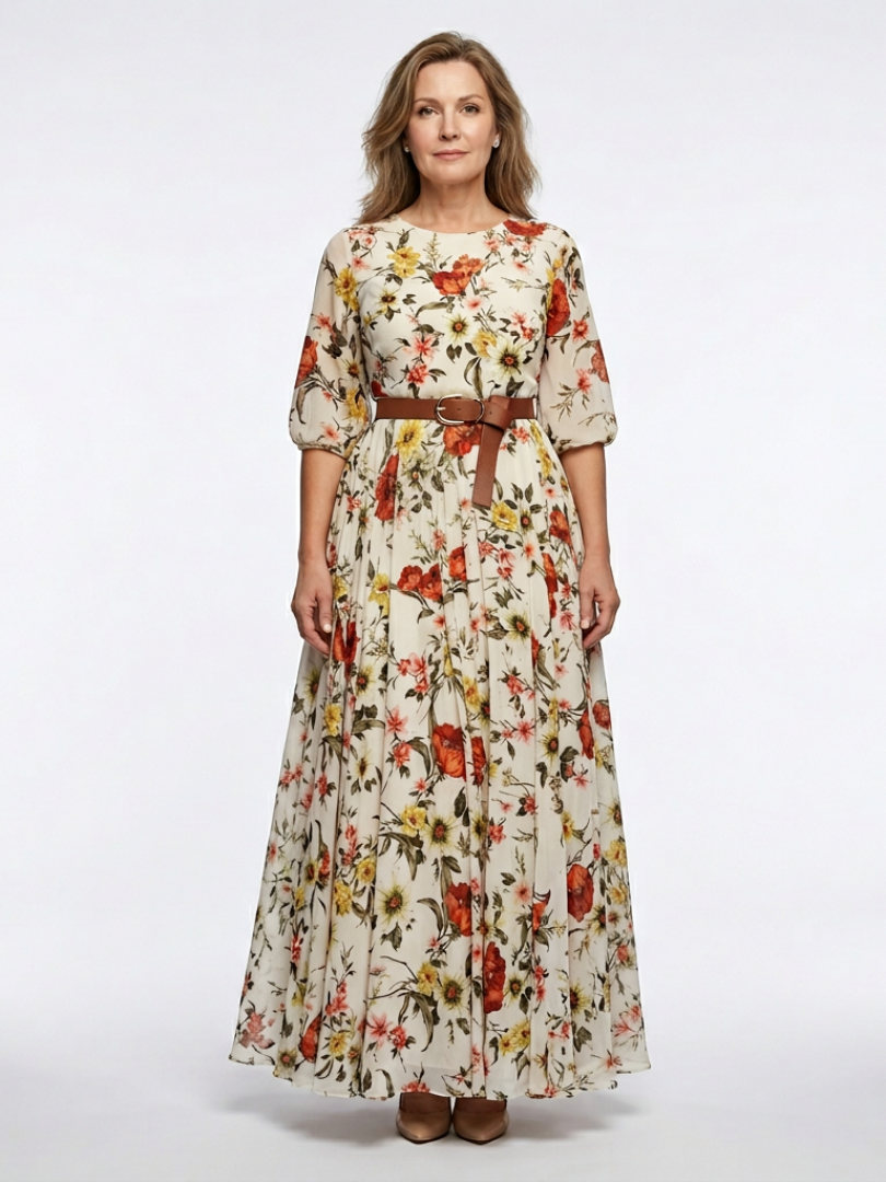 Odelia | Maxi Dress with Round Neck and 3/4 Sleeves with Belt - Eliza-Warszawa