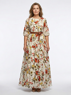 Odelia | Maxi Dress with Round Neck and 3/4 Sleeves with Belt - Eliza-Warszawa