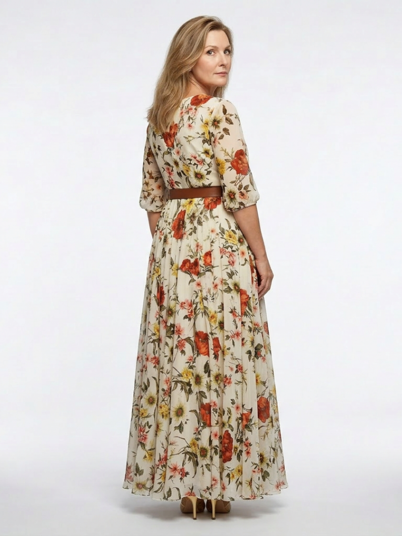 Odelia | Maxi Dress with Round Neck and 3/4 Sleeves with Belt - Eliza-Warszawa