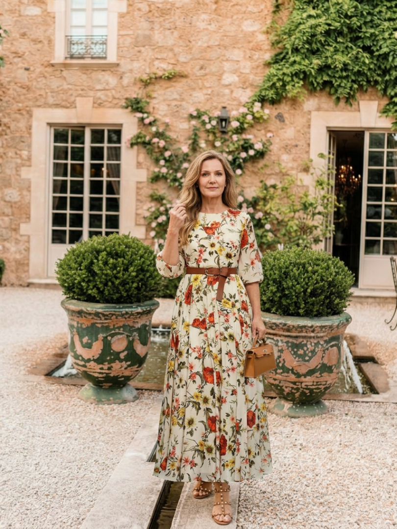 Odelia | Maxi Dress with Round Neck and 3/4 Sleeves with Belt - Eliza-Warszawa