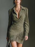 Olive Green Faux Suede V-Neck Wrap Mini Dress - Eliza-Warszawa