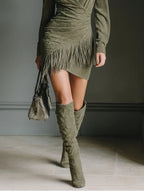 Olive Green Faux Suede V-Neck Wrap Mini Dress - Eliza-Warszawa