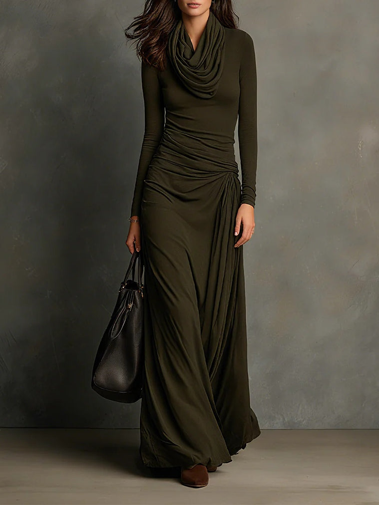 Olive Green Turtleneck Pleated Maxi Dress - Eliza-Warszawa