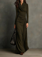 Olive Green Turtleneck Pleated Maxi Dress - Eliza-Warszawa