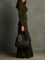 Olive Green Turtleneck Pleated Maxi Dress - Eliza-Warszawa