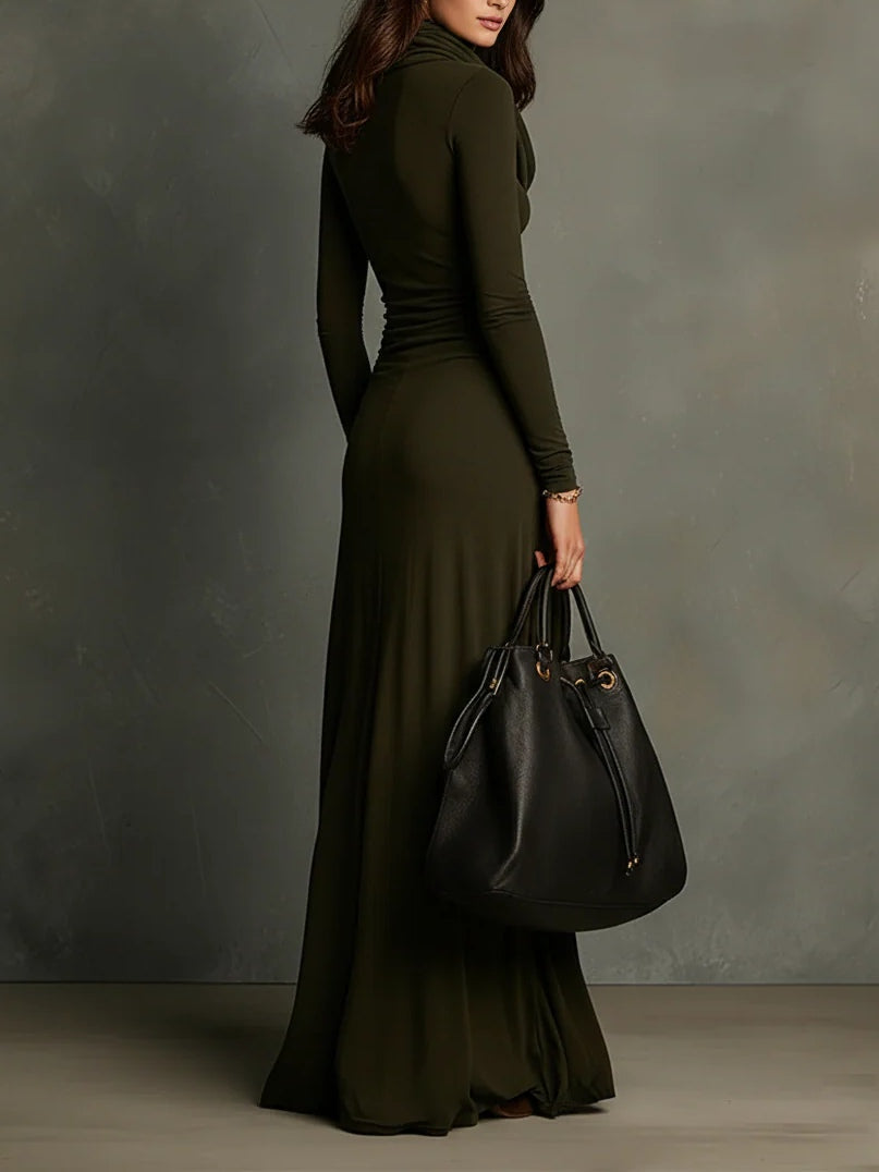 Olive Green Turtleneck Pleated Maxi Dress - Eliza-Warszawa