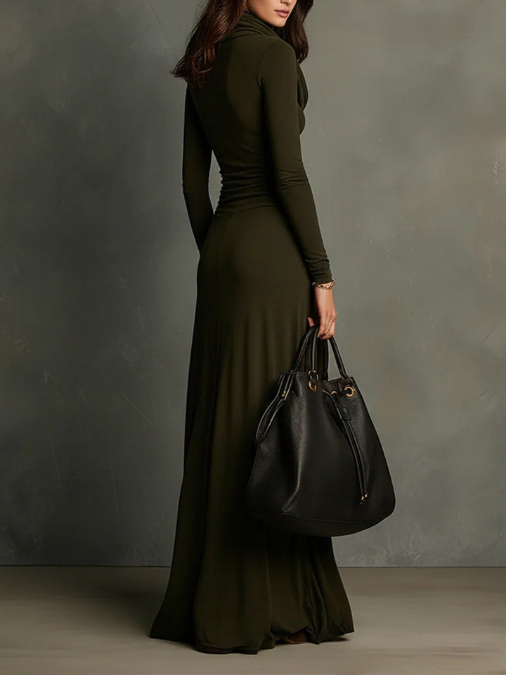 Olive Green Turtleneck Pleated Maxi Dress - Eliza-Warszawa
