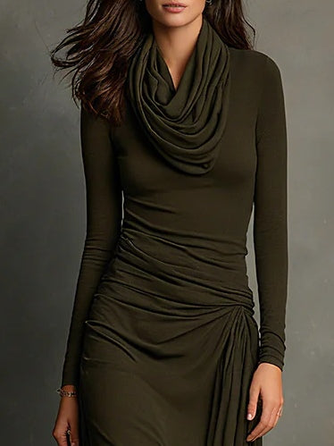 Olive Green Turtleneck Pleated Maxi Dress - Eliza-Warszawa