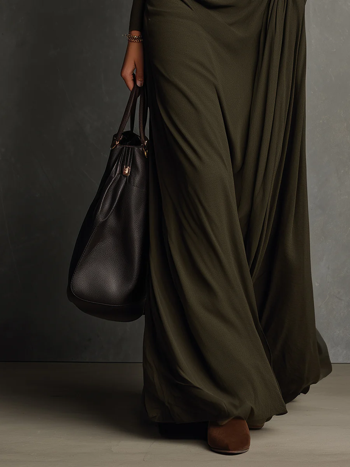 Olive Green Turtleneck Pleated Maxi Dress - Eliza-Warszawa
