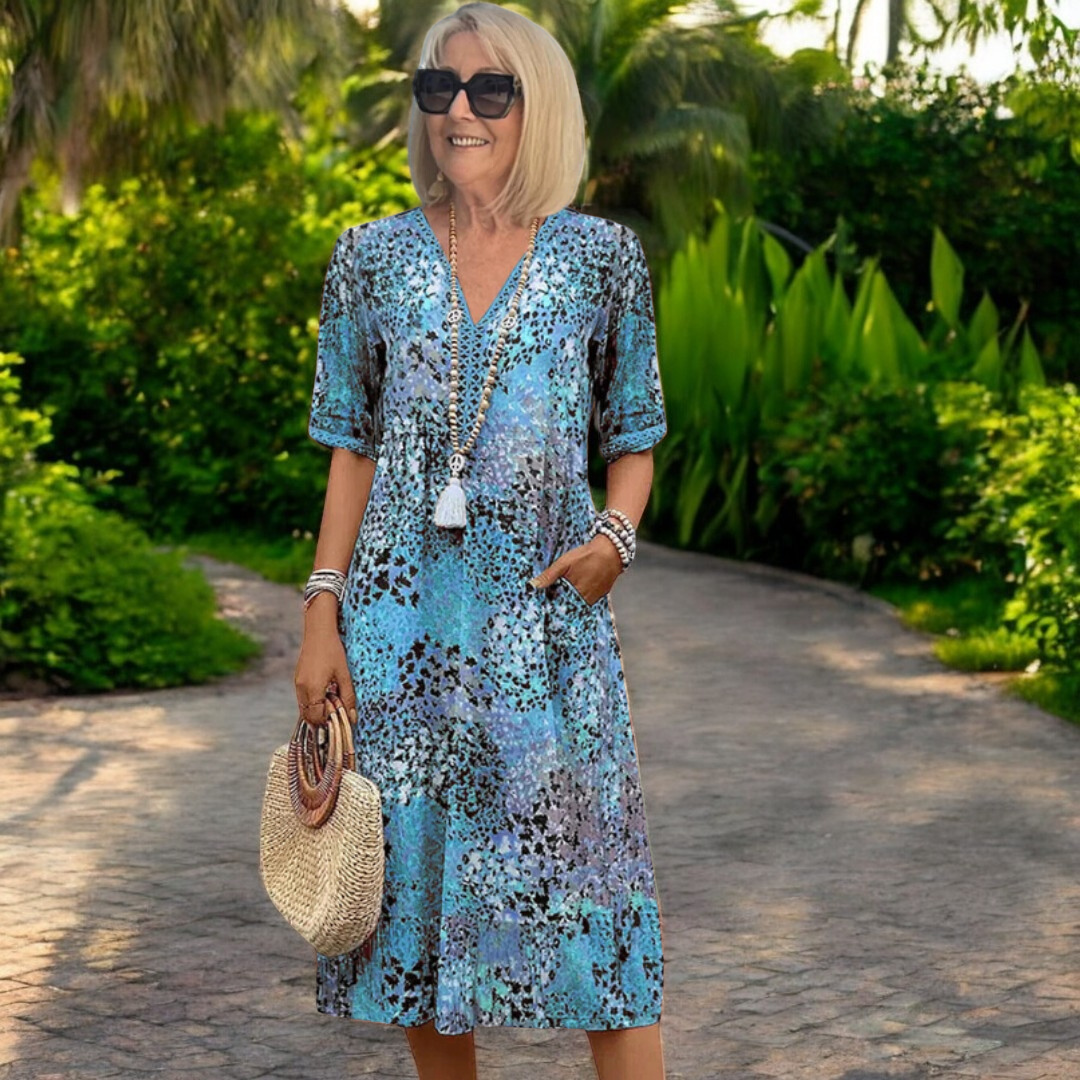 Olivia | Flattering V-Neck Printed Summer Midi Dress with Flowing Silhouette - Eliza-Warszawa