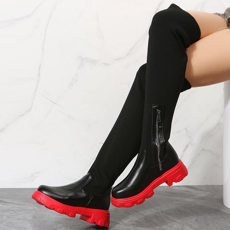 Over-the-knee round-toe flyknit women's platform boots - Eliza-Warszawa