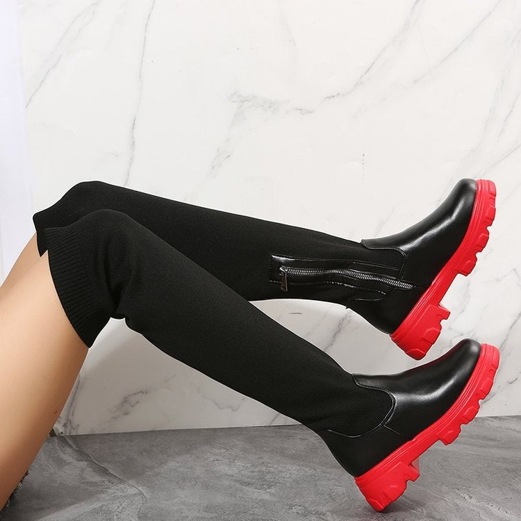 Over-the-knee round-toe flyknit women's platform boots - Eliza-Warszawa