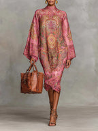 Pink Paisley Print Flared Long Sleeve Loose Midi Dress - Eliza-Warszawa