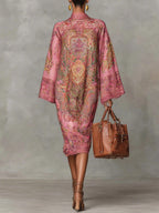 Pink Paisley Print Flared Long Sleeve Loose Midi Dress - Eliza-Warszawa