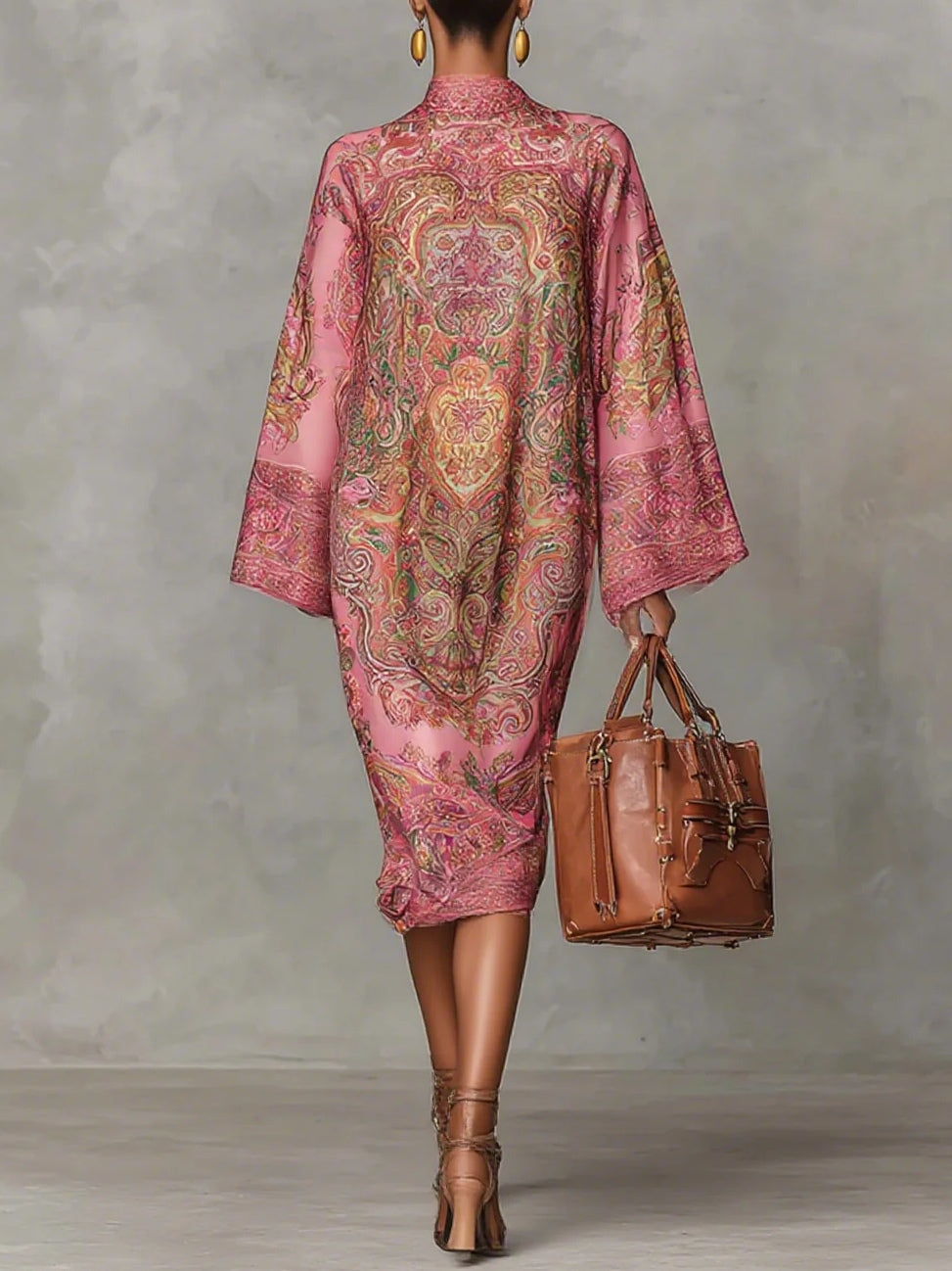 Pink Paisley Print Flared Long Sleeve Loose Midi Dress - Eliza-Warszawa