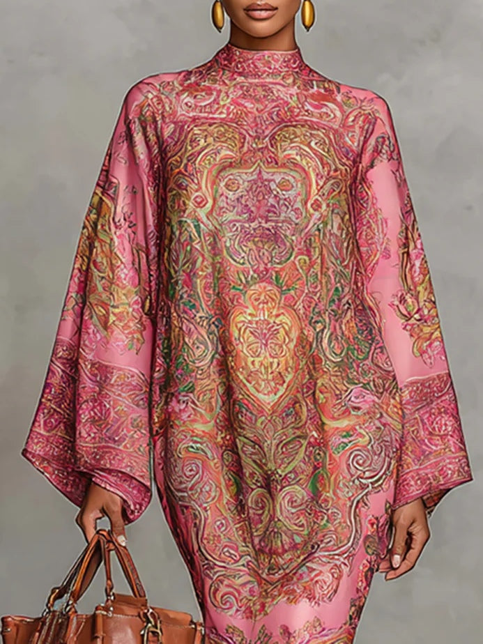 Pink Paisley Print Flared Long Sleeve Loose Midi Dress - Eliza-Warszawa