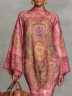 Pink Paisley Print Flared Long Sleeve Loose Midi Dress - Eliza-Warszawa