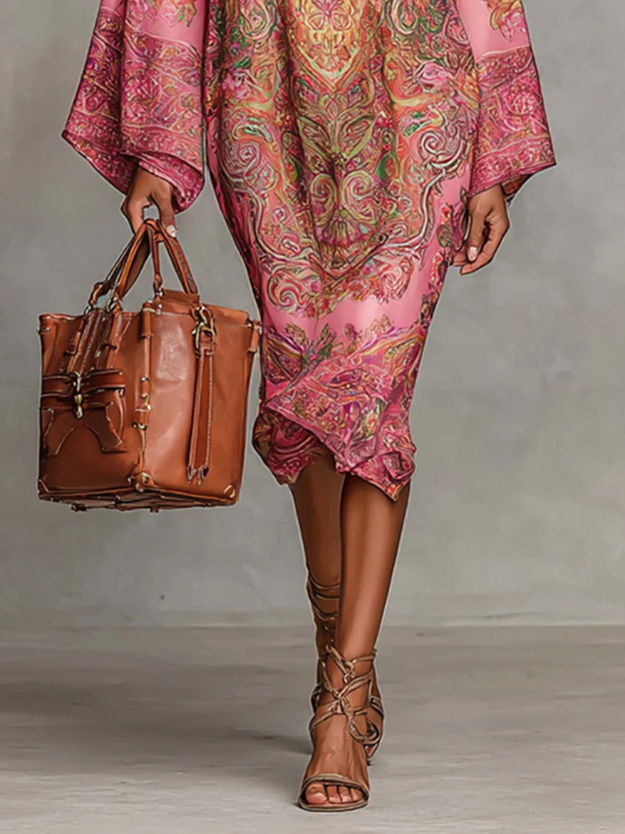 Pink Paisley Print Flared Long Sleeve Loose Midi Dress - Eliza-Warszawa