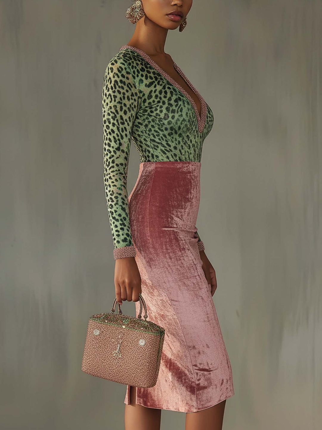 Pink velvet leopard print midi dress