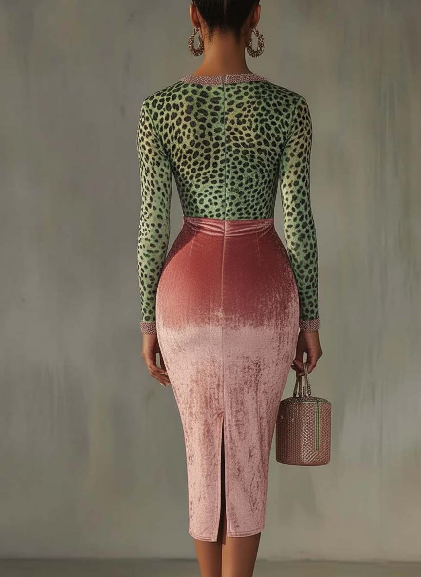 Pink velvet leopard print midi dress - Eliza-Warszawa