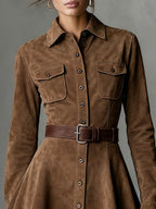 Playful Suede Single-breasted Lapel Long-sleeved Mini Dress - Eliza-Warszawa