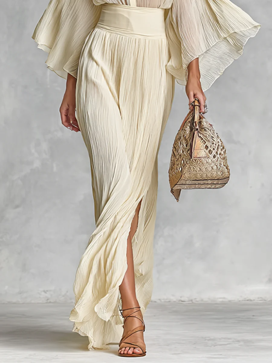 Pleated Stand Collar Trumpet Sleeve Shirt Slit Floor Length Skirt Two-piece Set