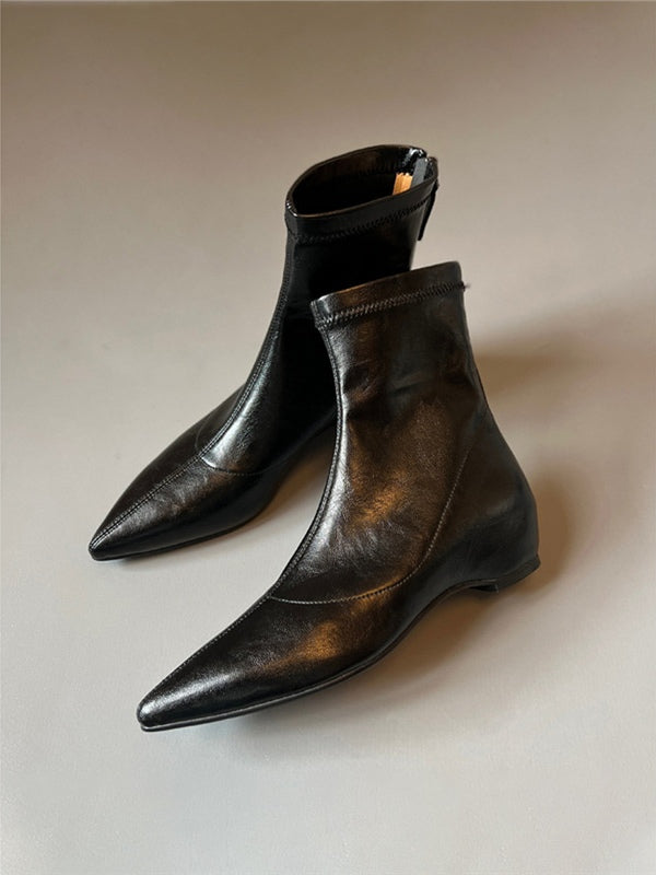 Pointed-toe soft leather stretch boots with back zipper wedge boots - Eliza-Warszawa
