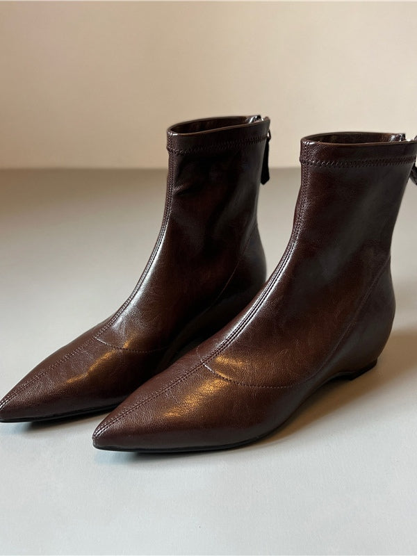 Pointed-toe soft leather stretch boots with back zipper wedge boots - Eliza-Warszawa