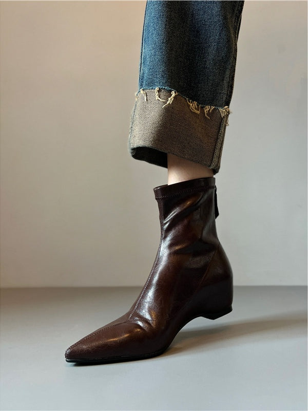 Pointed-toe soft leather stretch boots with back zipper wedge boots - Eliza-Warszawa