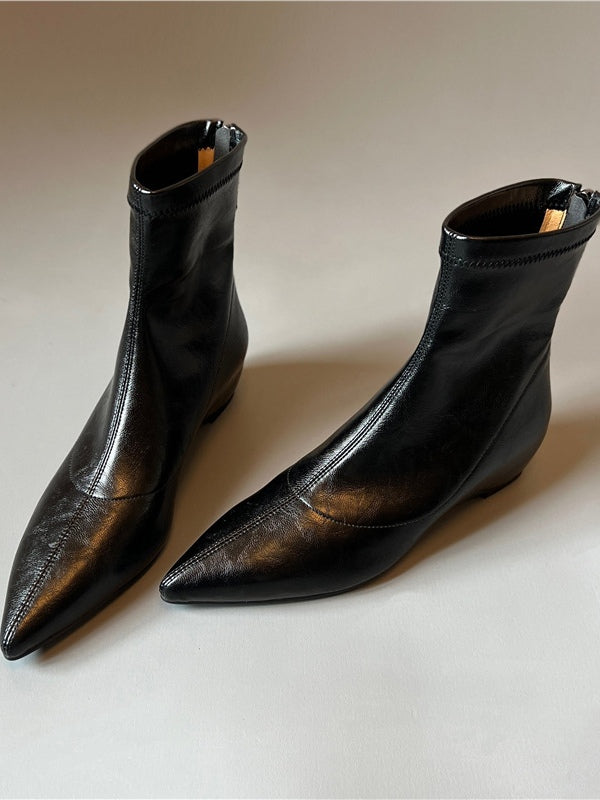 Pointed-toe soft leather stretch boots with back zipper wedge boots - Eliza-Warszawa