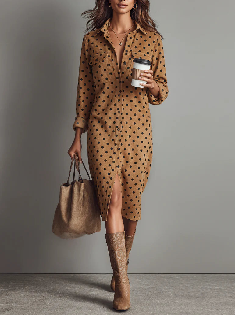 Polka Dot Faux Suede Shirt Midi Dress - Eliza-Warszawa