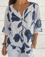 Printed Linen-Cotton V-Neck Pullover Shirt - Eliza-Warszawa
