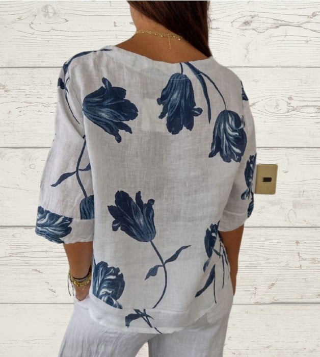 Printed Linen-Cotton V-Neck Pullover Shirt - Eliza-Warszawa