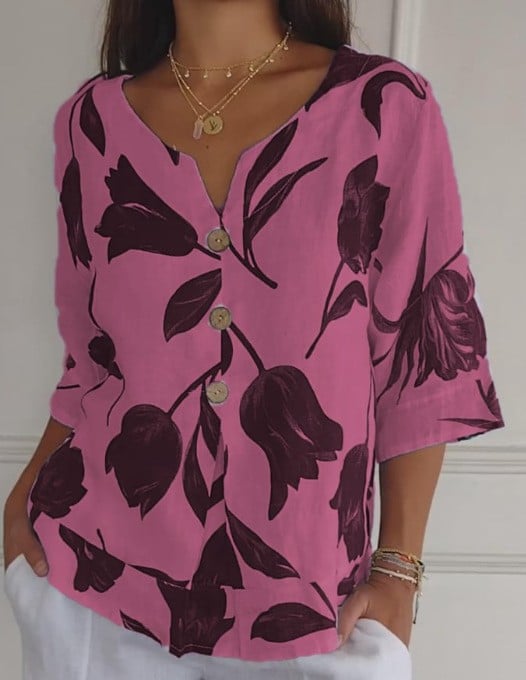 Printed Linen-Cotton V-Neck Pullover Shirt - Eliza-Warszawa
