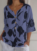 Printed Linen-Cotton V-Neck Pullover Shirt - Eliza-Warszawa