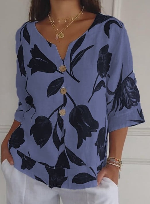 Printed Linen-Cotton V-Neck Pullover Shirt - Eliza-Warszawa